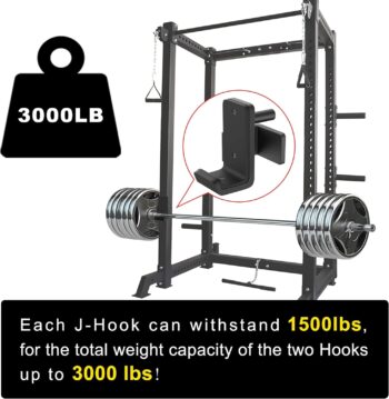 SELEWARE Solid Steel J Hooks for 2" x 2" Tube Power Cage with 1" or 5/8" Hole Squat Rack Attachment, J-Hook Barbell Holder for Power Rack, Set of 2