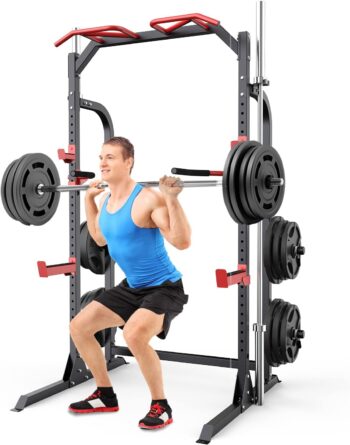 SunHome Power Cage Squat Rack, Multi-Functional Power Rack with J-Hooks, Dip Handles, Weight Plate and Olympic Bar Storage Home Gym