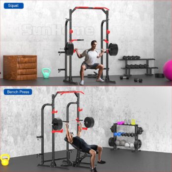 SunHome Power Cage Squat Rack, Multi-Functional Power Rack with J-Hooks, Dip Handles, Weight Plate and Olympic Bar Storage Home Gym