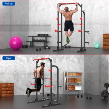 SunHome Power Cage Squat Rack, Multi-Functional Power Rack with J-Hooks, Dip Handles, Weight Plate and Olympic Bar Storage Home Gym