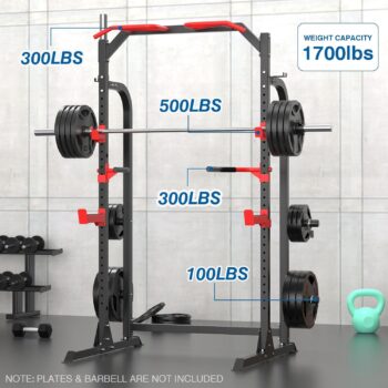 SunHome Power Cage Squat Rack, Multi-Functional Power Rack with J-Hooks, Dip Handles, Weight Plate and Olympic Bar Storage Home Gym