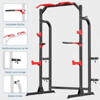 SunHome Power Cage Squat Rack, Multi-Functional Power Rack with J-Hooks, Dip Handles, Weight Plate and Olympic Bar Storage Home Gym