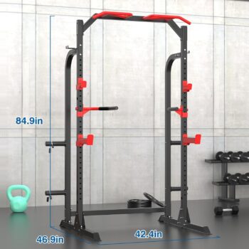 SunHome Power Cage Squat Rack, Multi-Functional Power Rack with J-Hooks, Dip Handles, Weight Plate and Olympic Bar Storage Home Gym