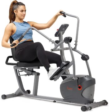 Sunny Health & Fitness Compact Performance Recumbent Bike with Dual Motion Arm Exercisers, Quick Adjust Seat & Optional Exclusive SunnyFit App Enhanced Bluetooth Connectivity