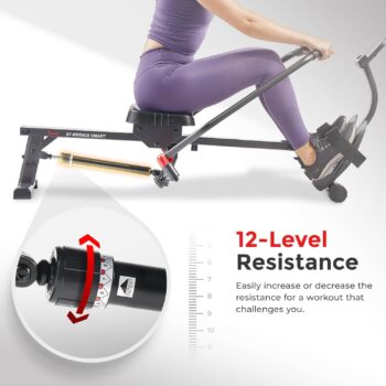 Sunny Health & Fitness Smart Compact Full Motion Rowing Machine, Full-Body Workout, Low-Impact, Extra-Long Rail, 350 LB Weight Capacity and Optional SunnyFit® App Enhanced Bluetooth Connectivity