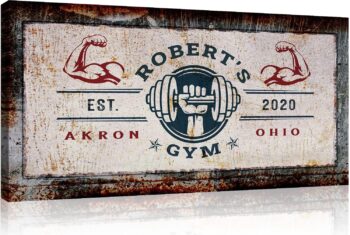 Tailored Canvases Personalized Gym Sign Wall Art Decor - Motivational Canvas for Home Gym, Workout Room, Garage, Fitness Center - Workout Inspirational Posters - One Hand with Dumbbell on Rustic, 20x10in