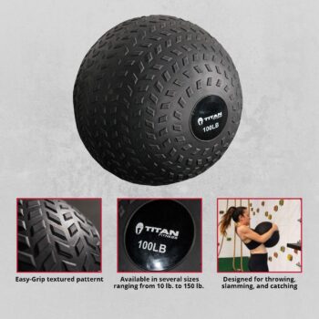 Titan Fitness 100 LB Rubber Tread Slam Ball, Dead Bounce, 14in Diameter, Weight Workout - Throw, Catch, Slam, Twist