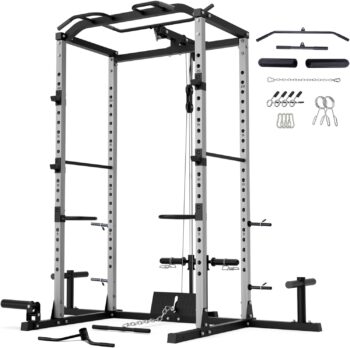 VANSWE Power Cage with LAT Pulldown Attachment, 1200-Pound Capacity Power Rack Full Home Gym Equipment with Multi-Grip Pull-up Bar, Landmine, T bar and Dip Handle (2023 Updated Version)