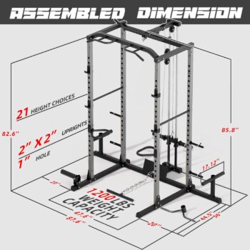 VANSWE Power Cage with LAT Pulldown Attachment, 1200-Pound Capacity Power Rack Full Home Gym Equipment with Multi-Grip Pull-up Bar, Landmine, T bar and Dip Handle (2023 Updated Version)