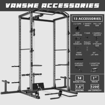 VANSWE Power Cage with LAT Pulldown Attachment, 1200-Pound Capacity Power Rack Full Home Gym Equipment with Multi-Grip Pull-up Bar, Landmine, T bar and Dip Handle (2023 Updated Version)