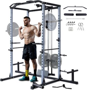 VANSWE Power Cage with LAT Pulldown Attachment, 1200-Pound Capacity Power Rack Full Home Gym Equipment with Multi-Grip Pull-up Bar, Landmine, T bar and Dip Handle (2023 Updated Version)