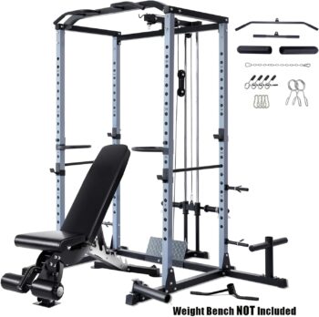 VANSWE Power Cage with LAT Pulldown Attachment, 1200-Pound Capacity Power Rack Full Home Gym Equipment with Multi-Grip Pull-up Bar, Landmine, T bar and Dip Handle (2023 Updated Version)