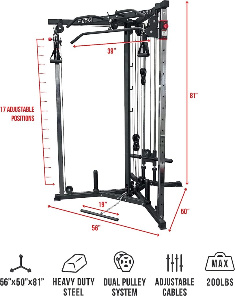 Valor Fitness BD-61 Cable Machine Power Machine - 17 Adjustable Positions with Pull Up Bars, Max Weight 200 lb. Plate Loaded Pulley System for Home Gym Workout - Handles Included