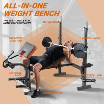 XDDIAS Adjustable Weight Bench, Bench Press with Squat Rack, Olympic Weight Bench for Home Gym, Workout Bench with Preacher Curl Pad and Leg Developer