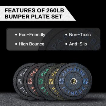 papababe 2 Inch Bumper Plates Set with 7-Foot Olympic Barbell, Rubber Weight Plates with Steel Insert, Chrome Bar for Weightlifting Powerlifting