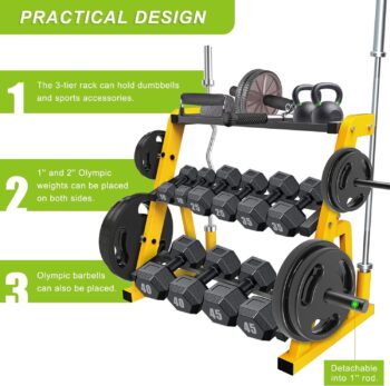 Kipika Heavy Duty Dumbbell Rack Multifunctional, Weight Rack for Dumbbells, Home Gym Equipment, Suitable for Storage of Dumbbell, Barbell Plate, Barbell Bar, Yellow/Black