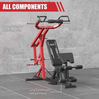 SPART Leverage Gym with Multi Weight Bench, Adjustable Full Body Workout Machine for LAT Pull Down, Squat, Bench Press, Cable Bicep Curl, Seated Row, 2500LB Plate Loaded Strength Training Equipment