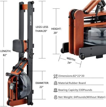 TRUNK Water Rowing Machine for Home Gym Fitness, Classic Wood Water Rower with Bluetooth Monitor Whole Body Exercise Cardio Training (Included an Dust Cover and Phone Holder)