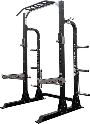 Valor Fitness Half Rack Squat Machine - 5 Position Multi-Grip Pull Up Station - Adjustable Height, Plate Storage, Bar Storage and Resistance Band Pegs – 750lbs.- Optional Weightlifting Platform Bundle