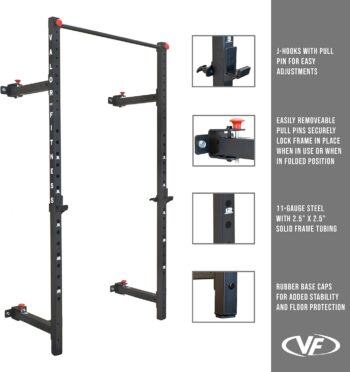 Valor Fitness Squat Rack with Pull Up Bar- Wall Mount Folding Space Saver - Home Gym Total Body Workout Equipment- BD-20