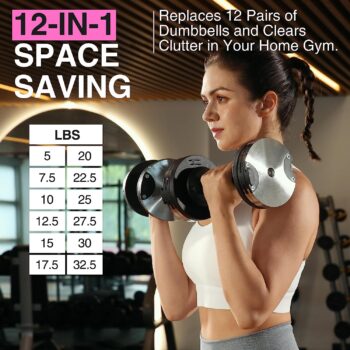 Finer Form Adjustable Dumbbells 5-32.5 LBs: Save Space with This Female-Friendly Adjustable Dumbbell Set. Go Up Or Down in 2.5 LB Increments with These Adjustable Weights, Sold as A Pair.