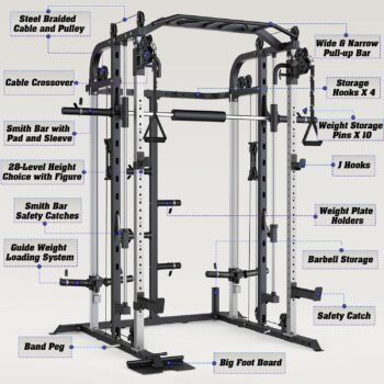 Royal Fitness Smith Machine, Multifunctional Power Cage Rack with Smith Bar and Cable Pulley System, and LAT Pull Down Machine for Home Gym