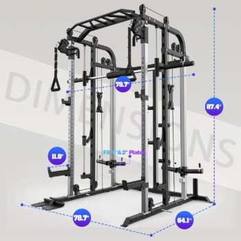 Royal Fitness Smith Machine, Multifunctional Power Cage Rack with Smith Bar and Cable Pulley System, and LAT Pull Down Machine for Home Gym