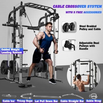 Royal Fitness Smith Machine, Multifunctional Power Cage Rack with Smith Bar and Cable Pulley System, and LAT Pull Down Machine for Home Gym