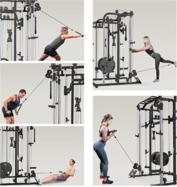 Royal Fitness Smith Machine, Multifunctional Power Cage Rack with Smith Bar and Cable Pulley System, and LAT Pull Down Machine for Home Gym