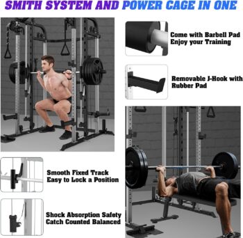 Royal Fitness Smith Machine, Multifunctional Power Cage Rack with Smith Bar and Cable Pulley System, and LAT Pull Down Machine for Home Gym