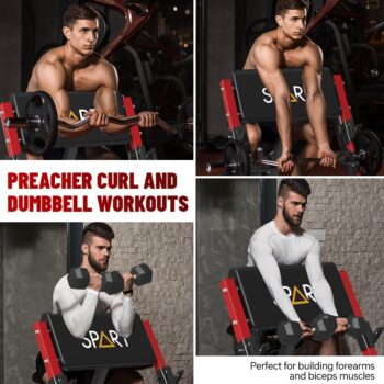 SPART Preacher Curl Bench, Seated Arm Isolated Barbell Dumbbell Bicep Station, Bicep Curl Machine with Bar Holder & Dumbbell Holder for Arm Curl Strength Training Home Gym