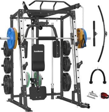 SunHome Smith Machine, 2000LBS Power Cage Squat Rack with Smith Bar, Two LAT Pull-Down Systems, Cable Crossover Machine and and More Cable Attachment for Home Gym