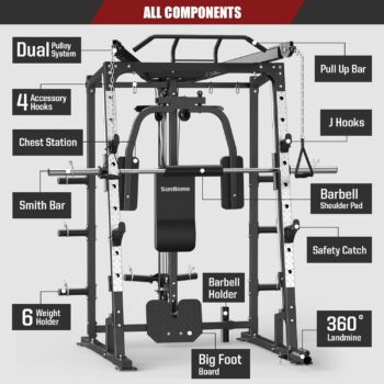 SunHome Smith Machine, 2000LBS Power Cage Squat Rack with Smith Bar, Two LAT Pull-Down Systems, Cable Crossover Machine and and More Cable Attachment for Home Gym