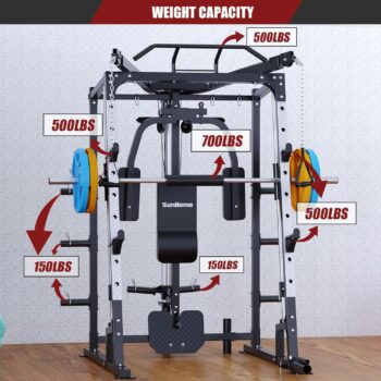 SunHome Smith Machine, 2000LBS Power Cage Squat Rack with Smith Bar, Two LAT Pull-Down Systems, Cable Crossover Machine and and More Cable Attachment for Home Gym