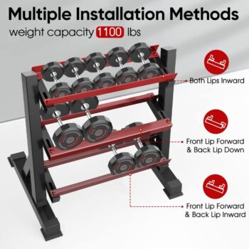 THERUN 1100lbs Adjustable 3 Tier Dumbbell Rack Stand, Hex dumbbells Hand Weights Rack Dumbbell Holder Home Gym Storage Organizer, Reverse Install Available (Rack Only)