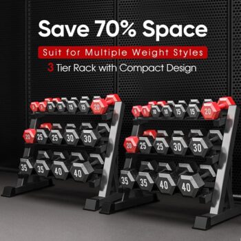 THERUN 1100lbs Adjustable 3 Tier Dumbbell Rack Stand, Hex dumbbells Hand Weights Rack Dumbbell Holder Home Gym Storage Organizer, Reverse Install Available (Rack Only)