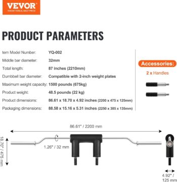 VEVOR Safety Squat Bar, 1,500 LBS Fitness Squat Olympic Bar, Safety Squat Bar Attachment with Shoulder and Arm Pads, 32mm Diameter Weight Bar, Ideal for Front Squats, Lunges, Rehab, Physical Therapy