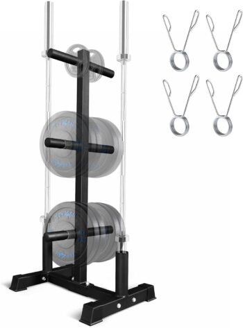 Yes4All Weight Plate Tree Holder & Vertical Barbell Storage Rack For Home Gym, 6-Pegs Olympic Weight Plate & 2 Barbells