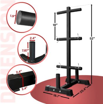 Yes4All Weight Plate Tree Holder & Vertical Barbell Storage Rack For Home Gym, 6-Pegs Olympic Weight Plate & 2 Barbells