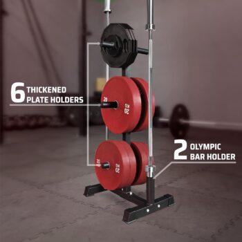 Yes4All Weight Plate Tree Holder & Vertical Barbell Storage Rack For Home Gym, 6-Pegs Olympic Weight Plate & 2 Barbells