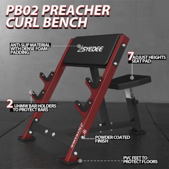 syedee Preacher Curl Bench, Seated Arm Isolated Barbell Dumbbell Bicep Station, Bicep Curl Machine with 2 Bar Holders for Home Gym