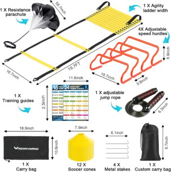 Agility Ladder Speed Training Equipment Set-20ft Agility Ladder,12 Soccer Cones,4 Hurdles, Jump Rope, Running Parachute| Basketball Football Soccer Training Equipment for Kids Youth Adults