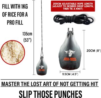 Bull Doza Fight Wear Slip Dodge Reaction Bag - Fist Width - 1kg When Filled - 2 Meter Hanging Rope Included - Boxing Punch Bag MMA - Black - No.1 Defence Bag (Not for Punching)