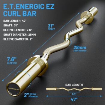 E.T.ENERGIC 47" Olympic EZ Curl Bar 500-lbs Capacity Steel Barbell Suitable for 2" Barbell Plates