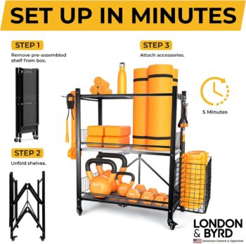 London & Byrd - Set up in minutes - Home Gym Storage Rack. Steel construction, heavy duty wheels, with basket and hooks. Great for yoga mat storage, kettlebell storage, and small dumbbell storage.