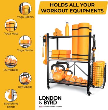 London & Byrd - Set up in minutes - Home Gym Storage Rack. Steel construction, heavy duty wheels, with basket and hooks. Great for yoga mat storage, kettlebell storage, and small dumbbell storage.