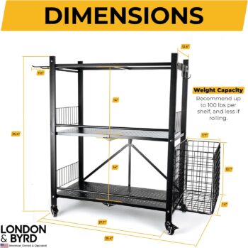 London & Byrd - Set up in minutes - Home Gym Storage Rack. Steel construction, heavy duty wheels, with basket and hooks. Great for yoga mat storage, kettlebell storage, and small dumbbell storage.