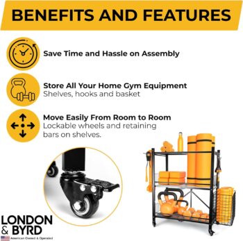 London & Byrd - Set up in minutes - Home Gym Storage Rack. Steel construction, heavy duty wheels, with basket and hooks. Great for yoga mat storage, kettlebell storage, and small dumbbell storage.