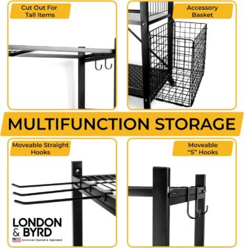 London & Byrd - Set up in minutes - Home Gym Storage Rack. Steel construction, heavy duty wheels, with basket and hooks. Great for yoga mat storage, kettlebell storage, and small dumbbell storage.