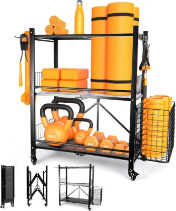 London & Byrd - Set up in minutes - Home Gym Storage Rack. Steel construction, heavy duty wheels, with basket and hooks. Great for yoga mat storage, kettlebell storage, and small dumbbell storage.